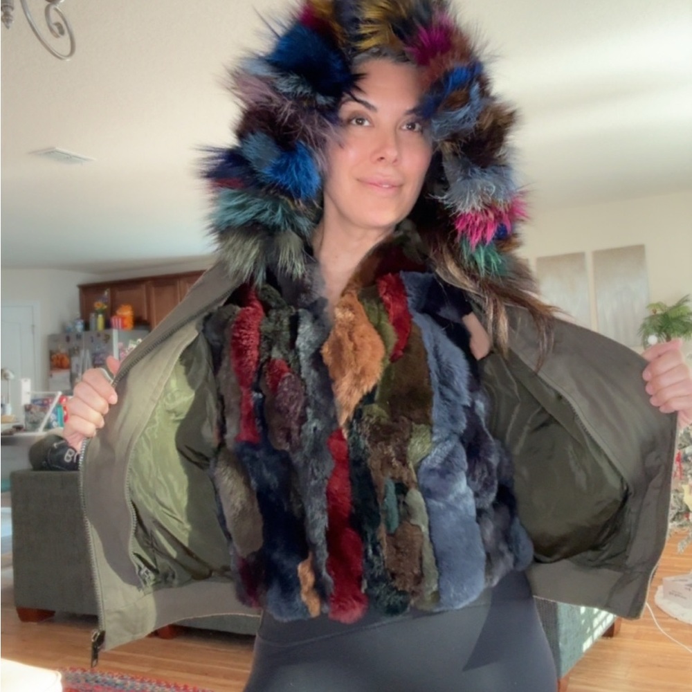 Olive hooded Bomber Jacket with detachable Rabbit fur vest with hood as well.